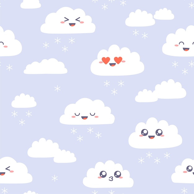 Modèle Sans Couture Avec De Jolis Nuages Kawaii. Personnages Heureux Nuage Simple Avec Des Flocons De Neige Sur Violet