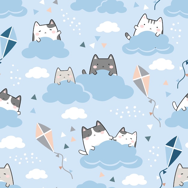 Modèle Sans Couture Kawaii Chats Mignons Jouent Au Cerf-volant Dessin Animé Animaux Fond Illustration Vectorielle