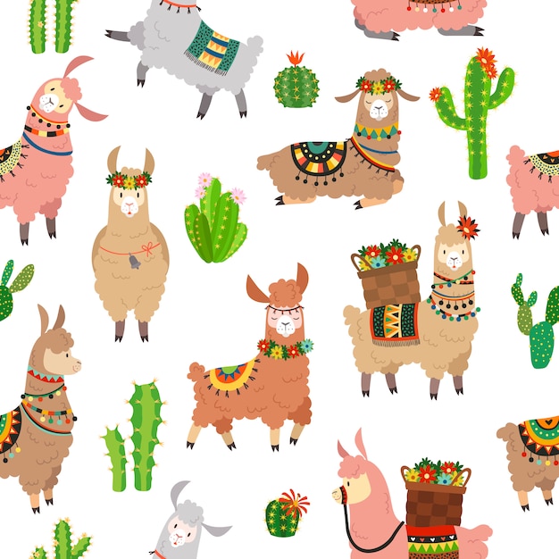 Modèle Sans Couture De Lama. Bébé Lamas Mignon Alpaga Et Cactus Lama Sauvage.