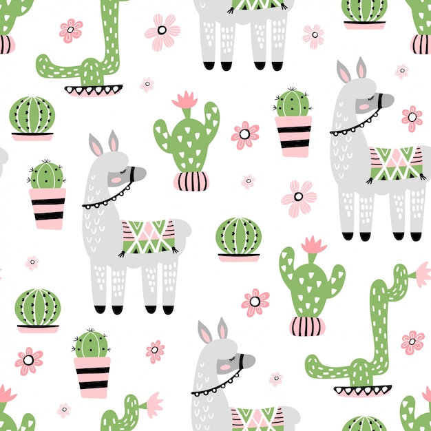 Modèle Sans Couture Avec Lama Mignon Et Cactus