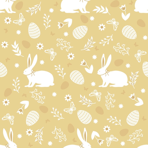 Modèle Sans Couture Avec Lapins Mignons Et élément Floral Sur Fond Jaune Impression De Pâques