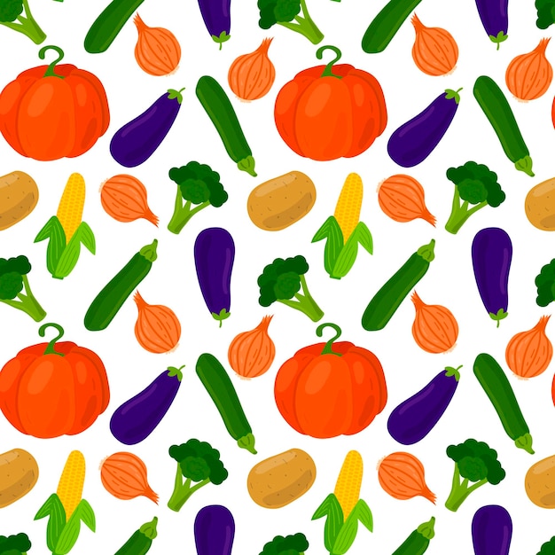 Modèle sans couture de légumes. Citrouille et oignon, pomme de terre et maïs, brocoli