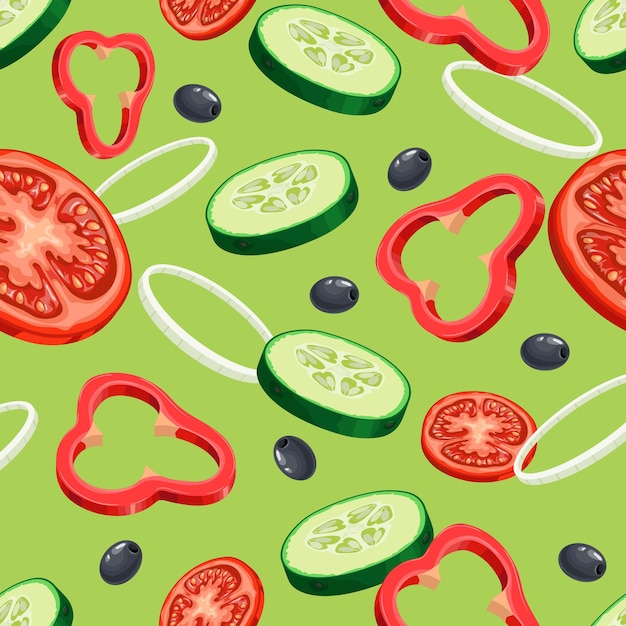 Vecteur modèle sans couture de légumes volants en tranches ingrédients de la salade sur le fond vert tomate concombre oignon et olives illustration vectorielle