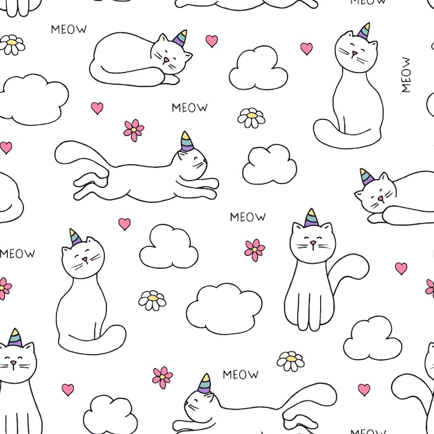 Modèle Sans Couture Avec Licorne De Chats Dessinés à La Main Sur Blanc.