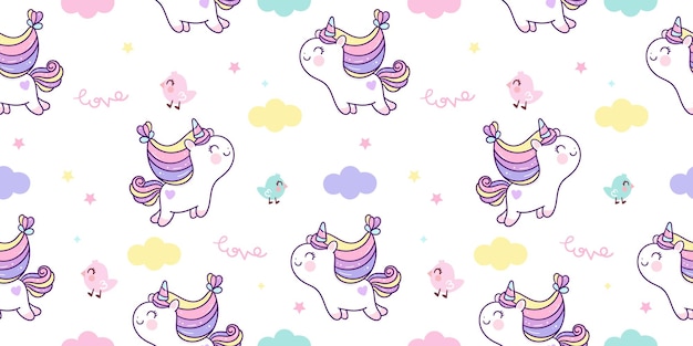 Modèle sans couture de licorne de dessin animé sauter dans le ciel animal mignon poney kawaii