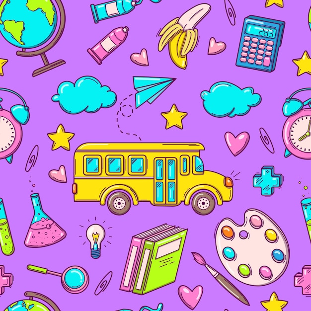 Modèle Sans Couture Lumineux Avec Autobus Scolaire Et Fournitures Et éléments Créatifs Dans Le Style Doodle Sur Fond Violet Retour Au Fond De L'école