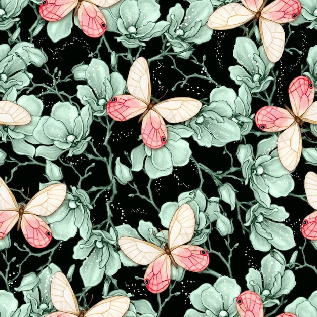 Modèle sans couture de magnolia vintage romantique et papillons