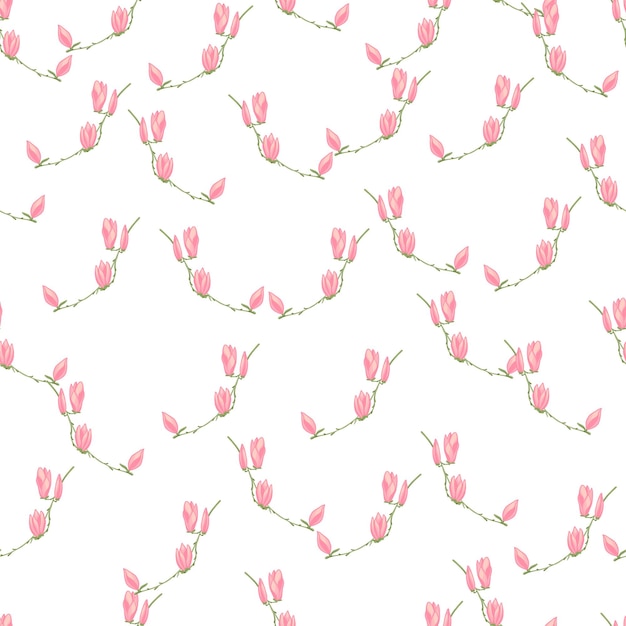 Modèle Sans Couture Magnolias Sur Fond Blanc. Bel Ornement Avec Des Fleurs Roses Printanières. Modèle Floral Géométrique Pour Tissu. Illustration Vectorielle De Conception.