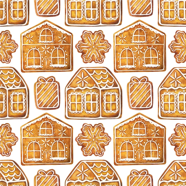 Modèle sans couture avec des maisons en pain d'épice de Noël. Ornement sans fin avec des biscuits au gingembre