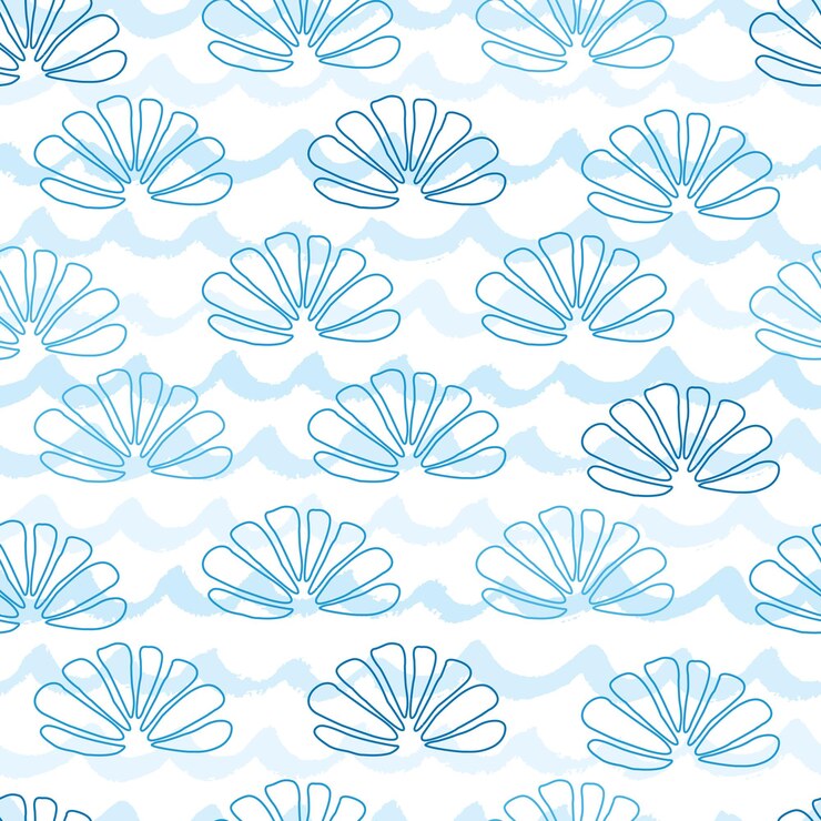 Vecteur modèle sans couture mer et sous-marin décoré de coquillages bleus dessinés à la main sur les vagues