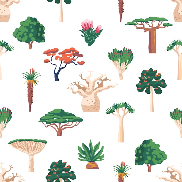 Le modèle sans couture met en valeur la végétation africaine luxuriante incorporant un éventail de plantes, d'arbres et de feuillages qui capturent l'essence de la beauté naturelle du continent Illustration vectorielle de dessin animé