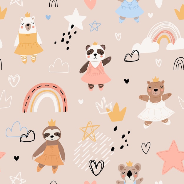 Modèle Sans Couture Avec Mignon Drôle Petite Ballerine Ours Polaire Grizzly Panda Paresseux Koala Illustration Vectorielle Pour Enfants Design Plat De Style Scandinave Concept D'enfants De Dessin Animé