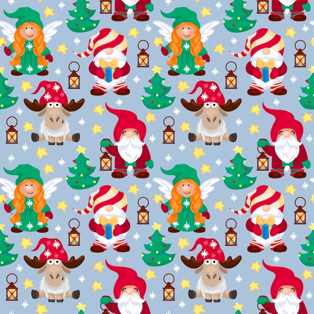 Modèle Sans Couture Mignon Petit Noël Gnome Vector Illustration Set Scandinavian Nordic Gnome