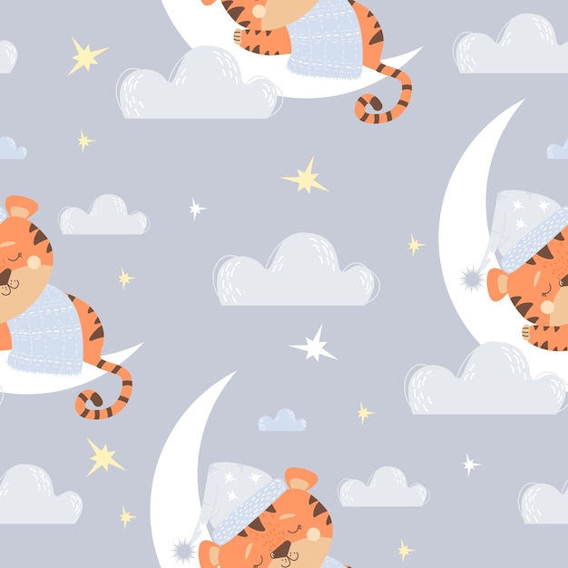 Vecteur modèle sans couture avec mignon tigre endormi sur la lune avec des nuages et des étoiles kids scandinavian collection