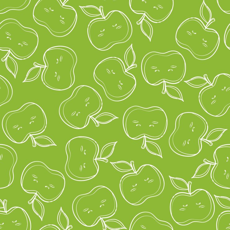 Vecteur modèle sans couture mignon de vecteur contour blanc d'une pomme sur un fond vert clair modèle mignon pour la conception de papier d'emballage art linéaire moderne