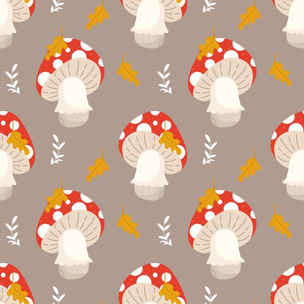 Modèle Sans Couture, Mignons Champignons Agaric De Mouche Et Feuilles D'automne Sur Fond Gris. Imprimer