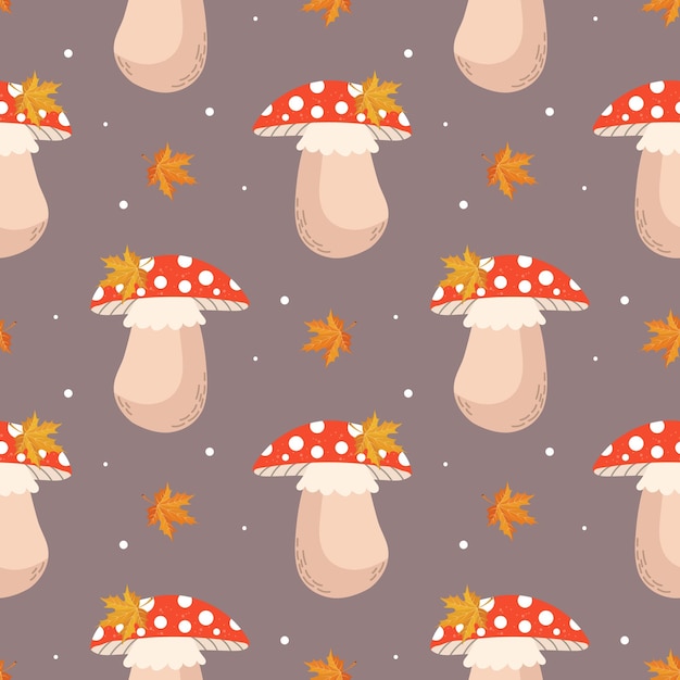 Modèle Sans Couture, Mignons Champignons Agaric De Mouche Et Feuilles D'érable D'automne Sur Fond Gris. Imprimer