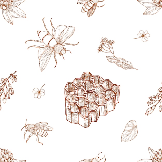 Modèle sans couture monochrome élégant avec des abeilles dessinées à la main