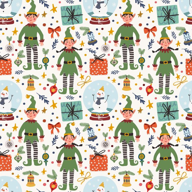 Modèle sans couture de Noël avec des baies de houx de lanterne de cadeaux d'elfe pour décorer le papier peint d'emballage de textiles
