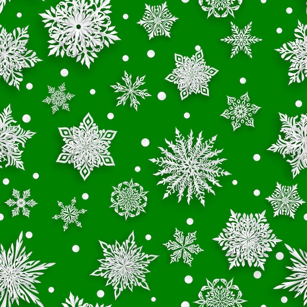 Modèle sans couture de Noël avec de beaux flocons de neige en papier complexe blanc sur fond vert