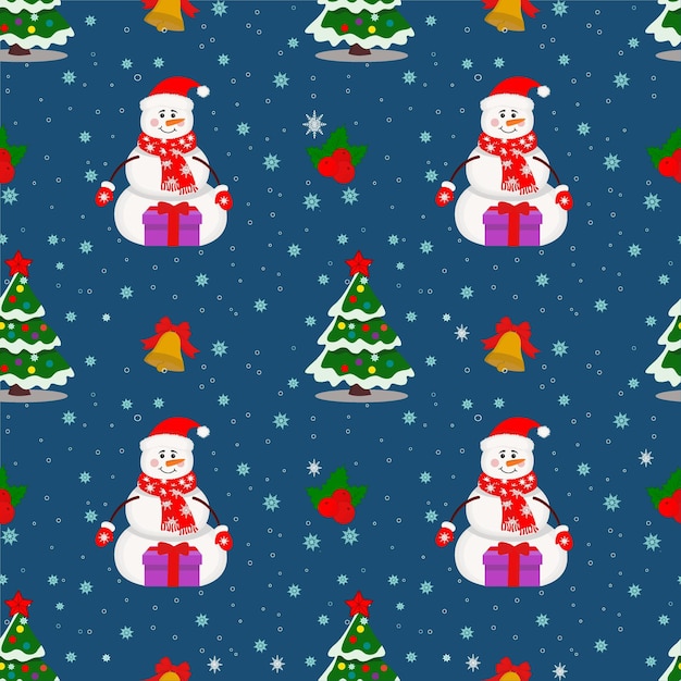 Modèle Sans Couture De Noël Avec Bonhomme De Neige, Arbre De Noël, Cadeaux Du Nouvel An Et Pain D'épice Sur Un Bleu
