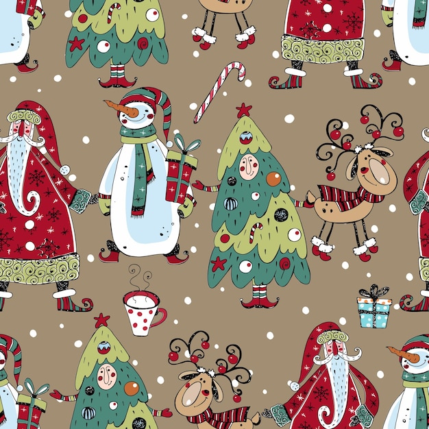 Modèle Sans Couture De Noël Avec Le Bonhomme De Neige Du Père Noël Et Le Style Doodle De L'arbre De Noël