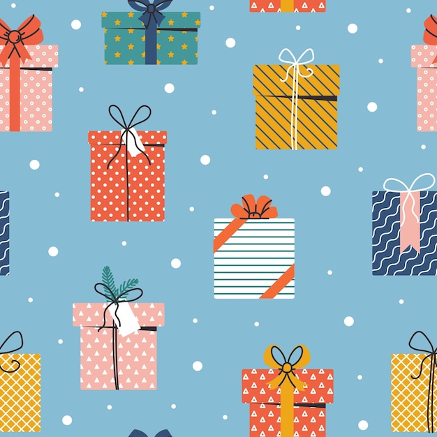 Modèle Sans Couture De Noël Et Bonne Année Avec Des Coffrets Cadeaux Et Des Flocons De Neige Sur Fond Bleu