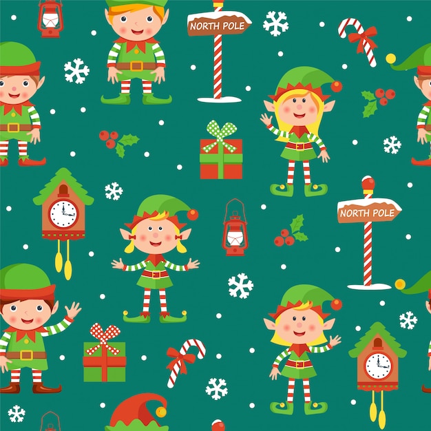 Modèle sans couture de Noël avec elfes garçons et filles, boîtes, horloges, baies, bonbons, flocons de neige et panneaux du pôle Nord.