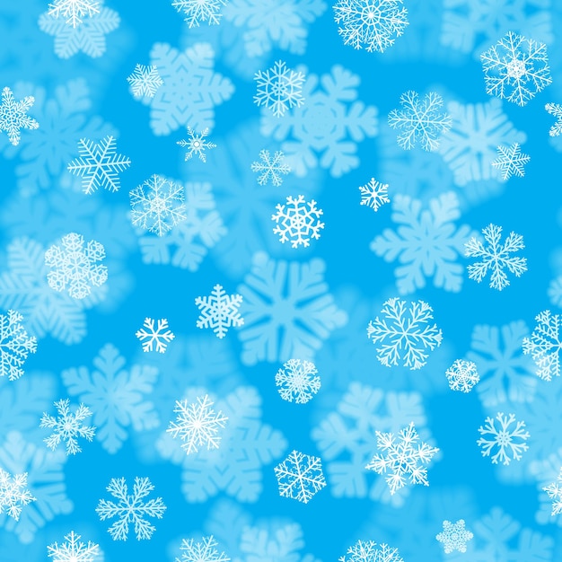Modèle sans couture de Noël avec des flocons de neige blancs flous et clairs sur fond bleu clair Fond avec des chutes de neige de grands et petits flocons de neige Illustration vectorielle de Noël de beaux flocons de neige