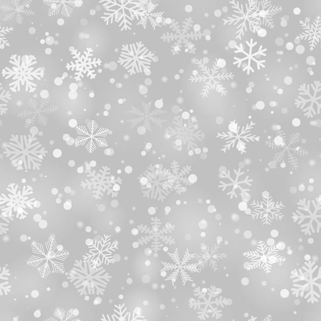 Modèle sans couture de Noël des flocons de neige de différentes formes, tailles et transparence dans des couleurs grises