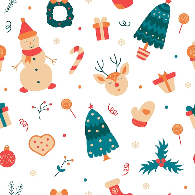 Modèle sans couture de Noël d'hiver Cadeaux et jouets d'arbre de Noël de bonhomme de neige Illustration vectorielle