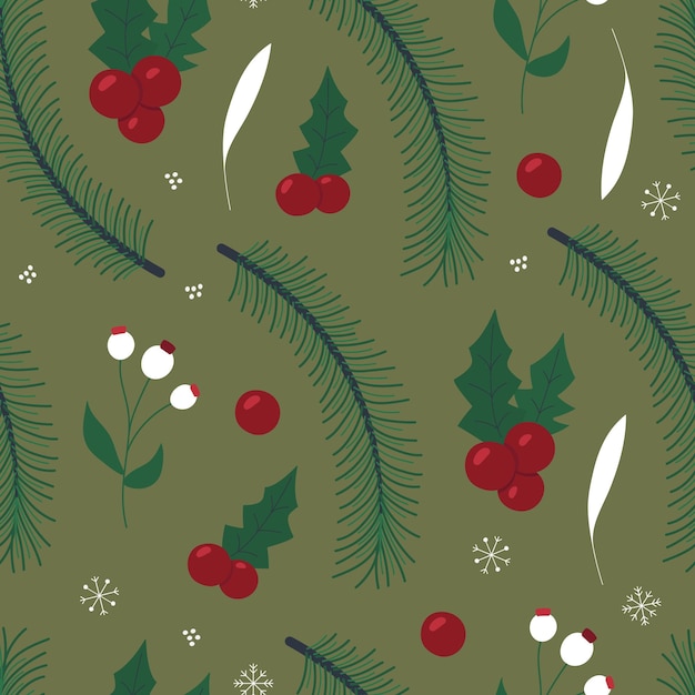 Modèle Sans Couture De Noël D'hiver. Illustration Vectorielle Avec Des Branches De Sapin, Des Baies Rouges, Du Houx