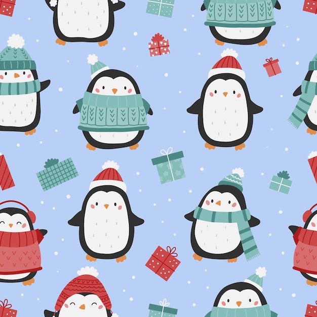 Modèle Sans Couture De Noël Avec Des Pingouins Mignons Et Des Cadeaux