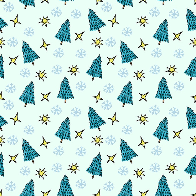 Modèle sans couture de Noël pour enfants avec sapins bleus et étoiles jaunes Texture simple de Noël Modèle de Noël Sapins de Noël Papier d'emballage