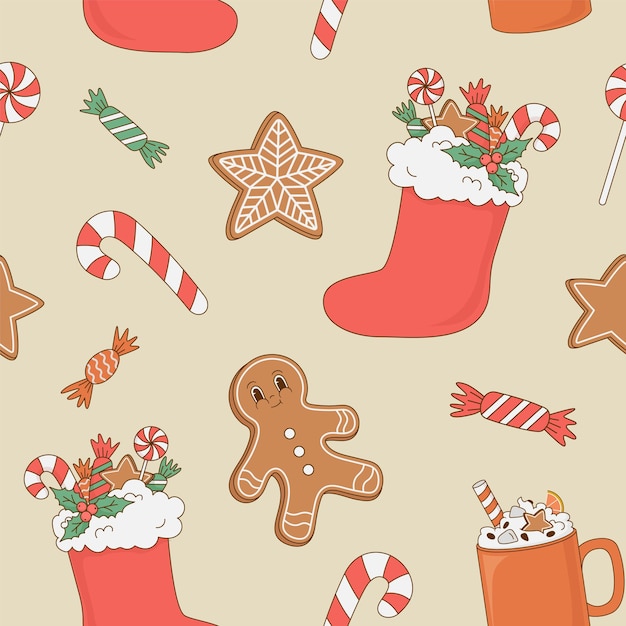 Modèle sans couture de Noël vintage avec bonbons pain d'épice café bonbons dessin animé illustration vectorielle