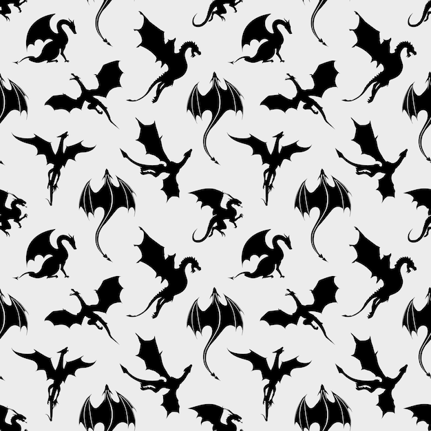 Vecteur modèle sans couture noir et blanc composé de dragons et de wyverns pour la série house of the dragon