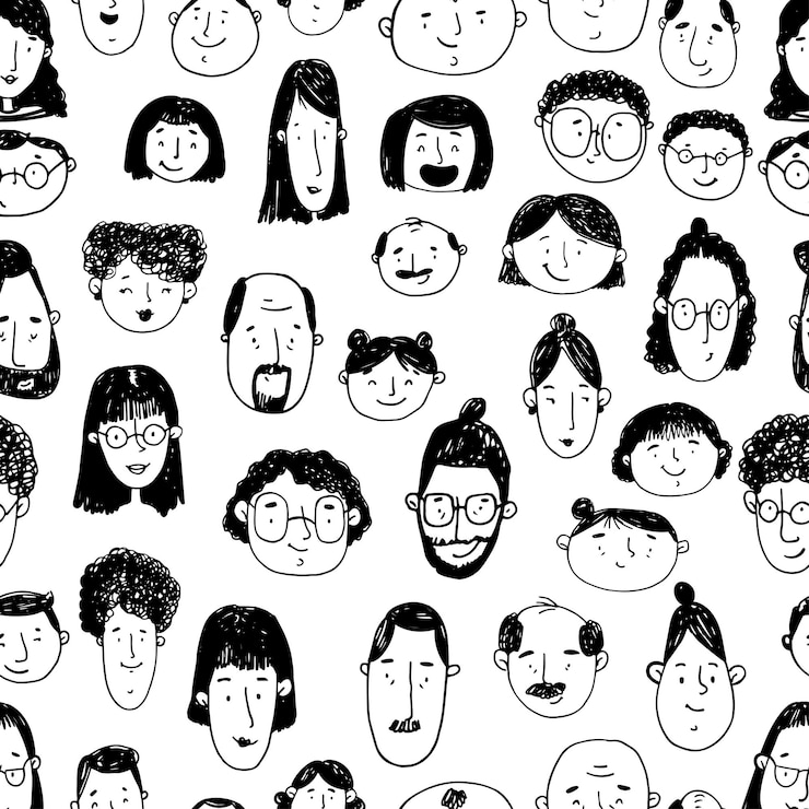 Vecteur modèle sans couture noir et blanc avec des visages de peuples croquis graphiques dessinés à la main dessin au trait
