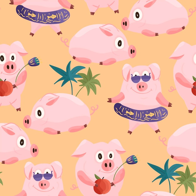 Modèle sans couture de nouvel an 2019 avec des cochons roses plats de dessin animé de noël