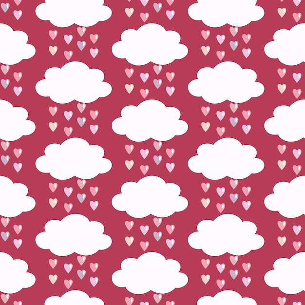 Modèle sans couture de nuages dessinés à la main et de gouttes de pluie de coeurs sur fond magenta viva.