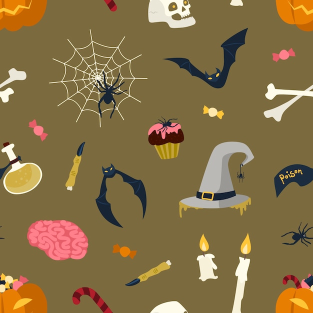 Modèle Sans Couture Avec Des Objets Magiques D'halloween Et Des Créatures Sur Fond Sombre - Jack-o'-lantern, Chapeau De Sorcière Et Flacon Avec Potion, Toile D'araignée, Chauve-souris, Bougies Allumées. Illustration De Plat De Vacances.