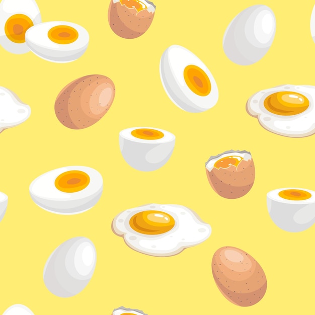 Vecteur modèle sans couture d'oeufs oeufs durs à la coque et frits sur fond jaune clair symboles du petit-déjeuner du matin illustration vectorielle