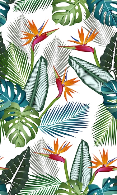 Modèle Sans Couture Avec Oiseau De Paradis: Feuilles Tropicales, Palmiers, Monstera, Alocasia, Calathea, Feuille De La Jungle