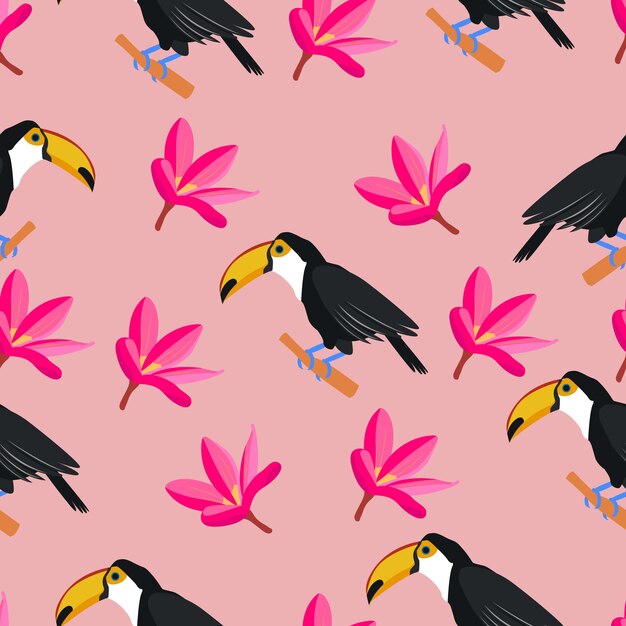 Vecteur modèle sans couture d'oiseau tropical toucan avec des feuilles et des fleurs exotiques toucans s