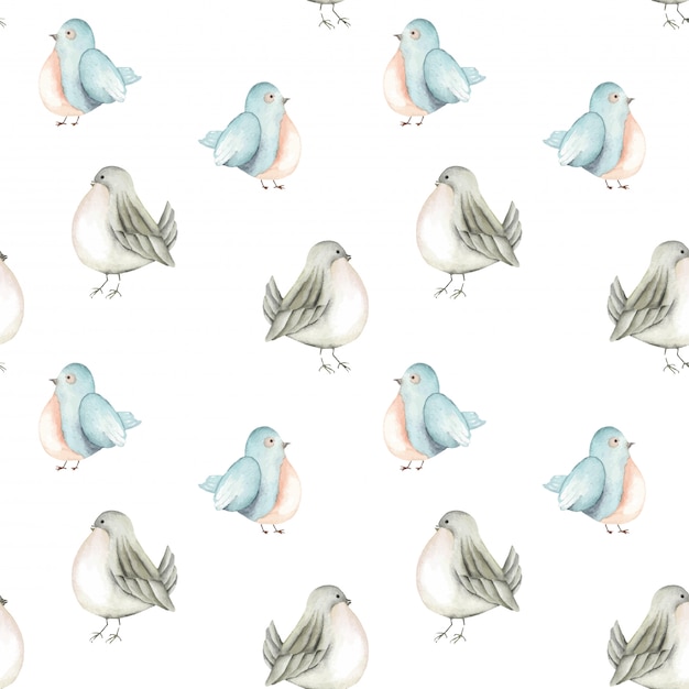 Modèle Sans Couture Des Oiseaux Aquarelles Bleues