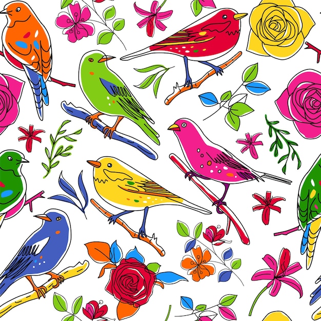 Modèle Sans Couture Oiseaux Nature Animaux Illustration Mignon Oiseau Dessiné à La Main Et Plantes Doodles Style De Ligne Dans Le Minimalisme Image Vectorielle