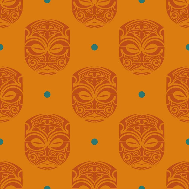 Vecteur modèle sans couture orange avec des masques des tribus polynésiennes.