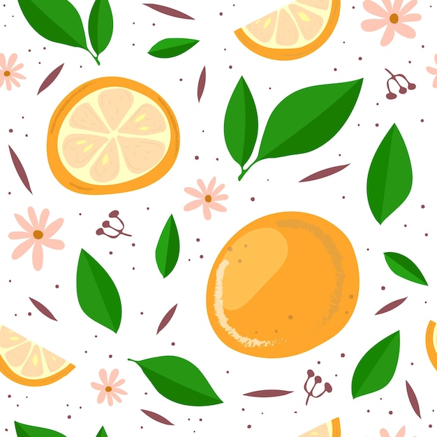 Modèle Sans Couture Avec Des Oranges De Dessin Animé, Des Feuilles, Des Fleurs, Des éléments De Décor