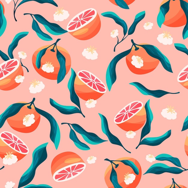 Modèle Sans Couture Avec Des Oranges Dessinées à La Main Et Des éléments Floraux Fruit Et Design Floral Dans Des Couleurs Vives Illustration Vectorielle Colorée