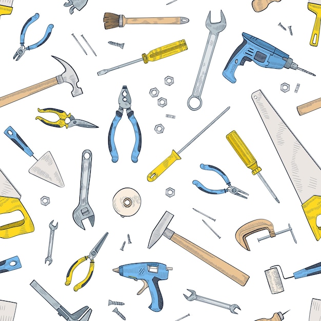 Modèle sans couture avec des outils manuels et motorisés pour la réparation et l'entretien à domicile. Toile de fond avec des équipements pour l'artisanat dispersés sur fond blanc. Illustration vectorielle réaliste pour le papier d'emballage.