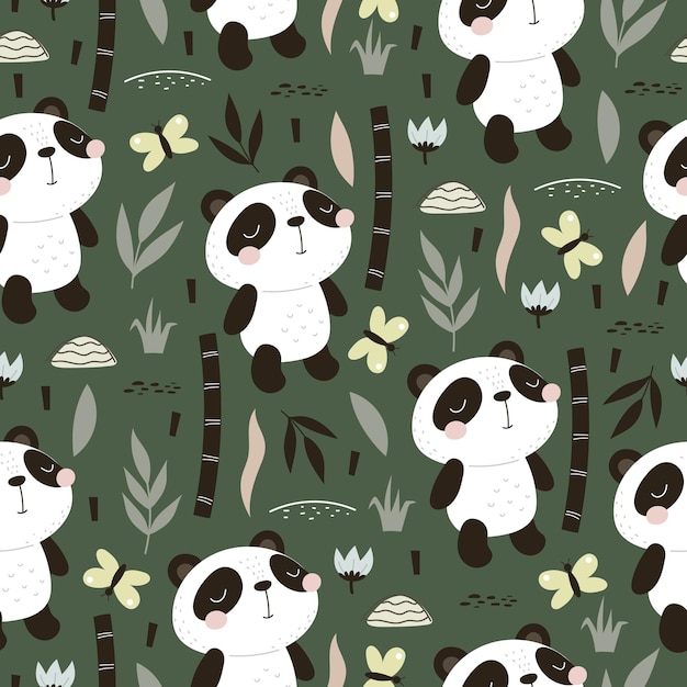 Modèle Sans Couture Avec Pandas De Dessin Animé, Bambou